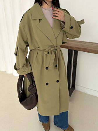Kadın Haki Uzun Trençkot Cepli Kuşaklı Rüzgar Kapaklı Yeni Sezon Dış Giyim