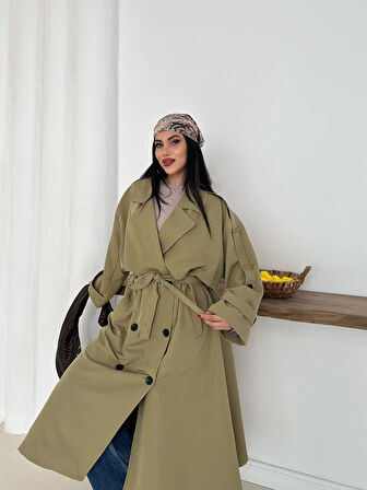 Kadın Haki Uzun Trençkot Cepli Kuşaklı Rüzgar Kapaklı Yeni Sezon Dış Giyim