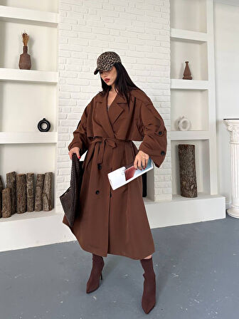 Kadın Taba Uzun Trençkot Cepli Kuşaklı Rüzgar Kapaklı Yeni Sezon Dış Giyim