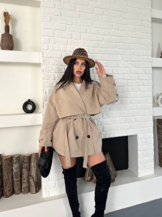 Kruvaze Yaka Düğmeli Kemerli Cepli Apoletli Kuşaklı Trençkot