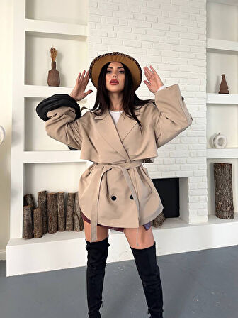 Kruvaze Yaka Düğmeli Kemerli Cepli Apoletli Kuşaklı Trençkot