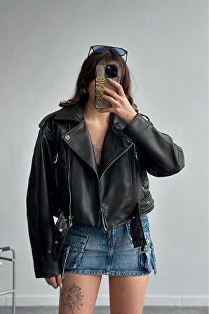 Yeni Sezon Oversize Kadın Siyah Biker Deri Ceket