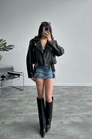 Yeni Sezon Oversize Kadın Siyah Biker Deri Ceket