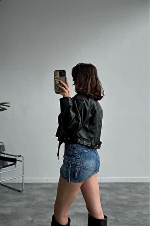 Yeni Sezon Oversize Kadın Siyah Biker Deri Ceket