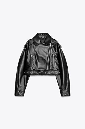 Kemerli Suni Deri Crop Biker Ceket