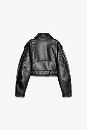 Kemerli Suni Deri Crop Biker Ceket