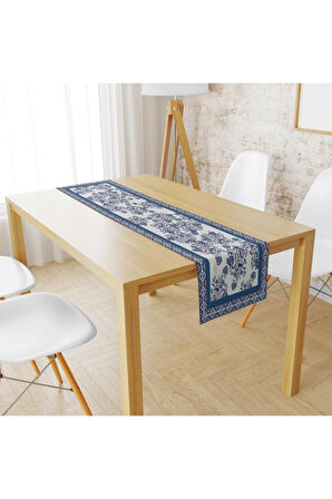 Blue Flowers Runner 140x45cm- Mavi Çiçekler, Ince Keten, Uluslararası Yıkama Ve Solmama Sertifikası