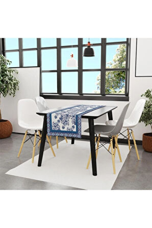 Blue Flowers Runner 140x45cm- Mavi Çiçekler, Ince Keten, Uluslararası Yıkama Ve Solmama Sertifikası