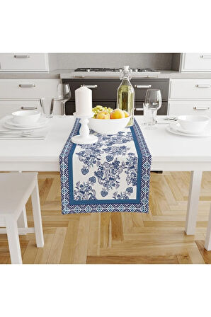 Blue Flowers Runner 140x45cm- Mavi Çiçekler, Ince Keten, Uluslararası Yıkama Ve Solmama Sertifikası