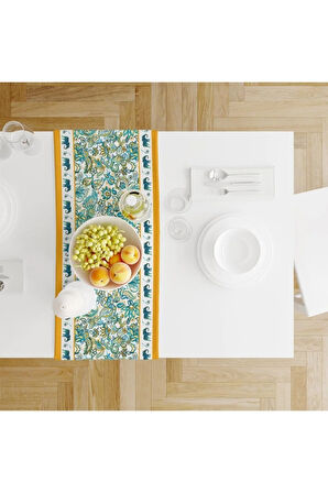 Blue Elephant Runner 140x45cm Mavi Fil Modeli Ince Keten, Uluslararası Yıkama Ve Solmama Sertifikası