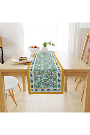 Blue Elephant Runner 140x45cm Mavi Fil Modeli Ince Keten, Uluslararası Yıkama Ve Solmama Sertifikası