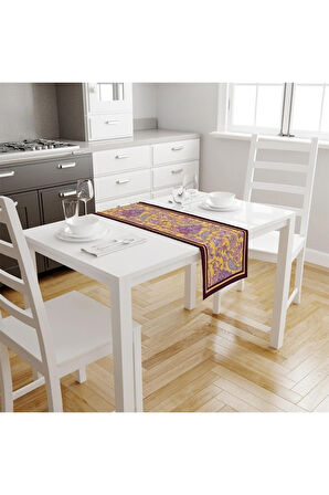 Mor Damask Desen Runner 140x45cm ( Ince Keten, Uluslararası Yıkama Ve Solmama Sertifikası)