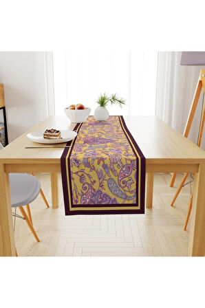 Mor Damask Desen Runner 140x45cm ( Ince Keten, Uluslararası Yıkama Ve Solmama Sertifikası)