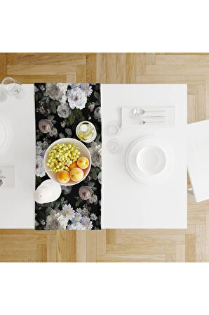 Siyah Çiçek Runner 140x45cm ( Ince Keten, Uluslararası Yıkama Ve Solmama Sertifikası)