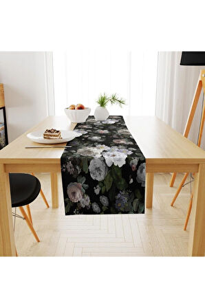 Siyah Çiçek Runner 140x45cm ( Ince Keten, Uluslararası Yıkama Ve Solmama Sertifikası)