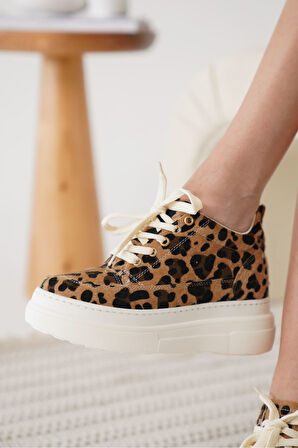 Alexis Premium Kadın Gizli Topuk Beyaz Leopar Spor Ayakkabı