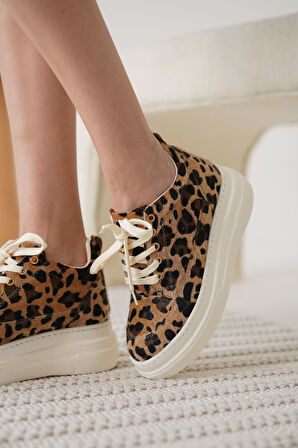 Alexis Premium Kadın Gizli Topuk Beyaz Leopar Spor Ayakkabı