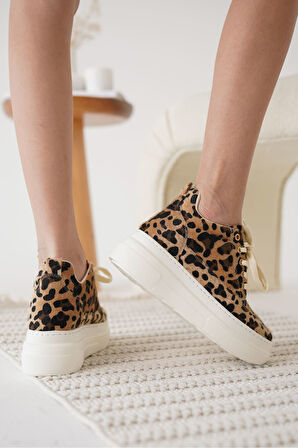 Alexis Premium Kadın Gizli Topuk Beyaz Leopar Spor Ayakkabı