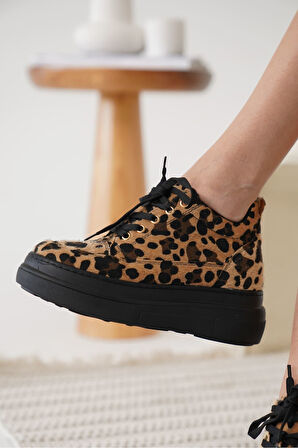 Alexis Premium Kadın Gizli Topuk Siyah Leopar Spor Ayakkabı