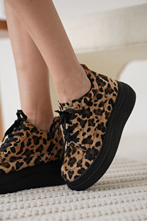 Alexis Premium Kadın Gizli Topuk Siyah Leopar Spor Ayakkabı