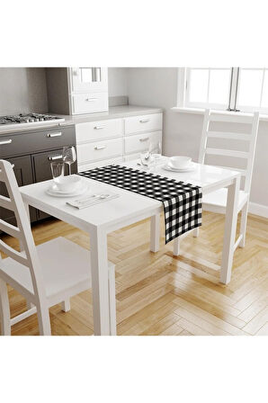 Siyah-beyaz Kare Runner 140x45cm ( Ince Keten, Uluslararası Yıkama Ve Solmama Sertifikası)