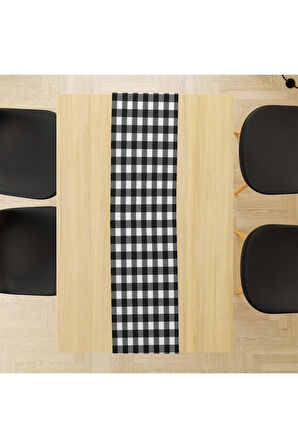 Siyah-beyaz Kare Runner 140x45cm ( Ince Keten, Uluslararası Yıkama Ve Solmama Sertifikası)