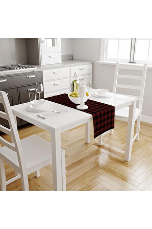 Kırmızı-siyah Kare Runner 140x45cm ( Ince Keten, Uluslararası Yıkama Ve Solmama Sertifikası)