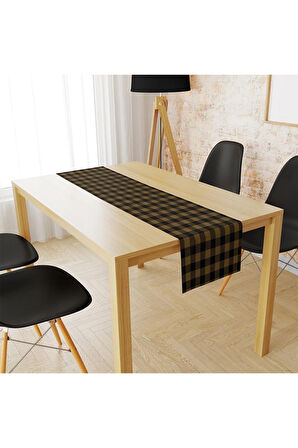 Sarı-Siyah Kare Runner 140x45cm (İNCE KETEN, ULUSLARARASI YIKAMA VE SOLMAMA SERTİFİKASI)