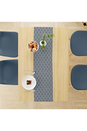 Mavi Geometrik Runner 140x45cm ( Ince Keten, Uluslararası Yıkama Ve Solmama Sertifikası)
