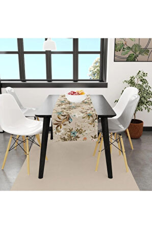 Colorful Leaves And Flowers Runner 140x45cm (ince Keten, Uluslararası Yıkama Ve Solmama Sertifikası)