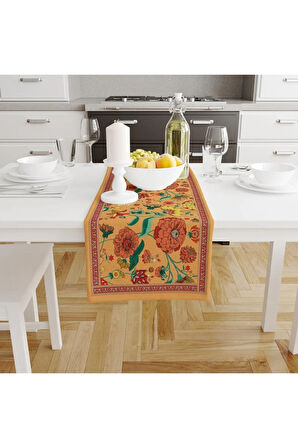 Orange Daisy Flowers Runner 140x45cm ( Ince Keten, Uluslararası Yıkama Ve Solmama Sertifikası)