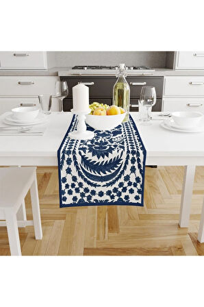 Blue Daisy Runner 140x45cm (Mavi Papatyalar, Ince Keten Uluslararası Yıkama Ve Solmama Sertifikası)