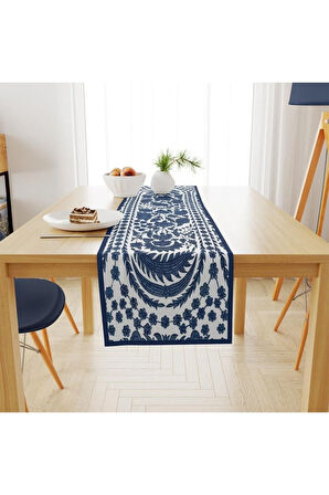 Blue Daisy Runner 140x45cm (Mavi Papatyalar, Ince Keten Uluslararası Yıkama Ve Solmama Sertifikası)