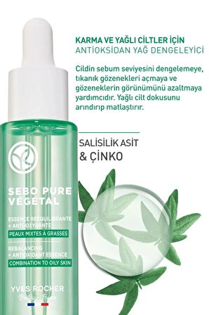 YVES ROCHER Karma ve Yağlı Ciltler için Sebo Pure Vegetal Antioksidan Yağ Dengeleyici Serum-Çinko