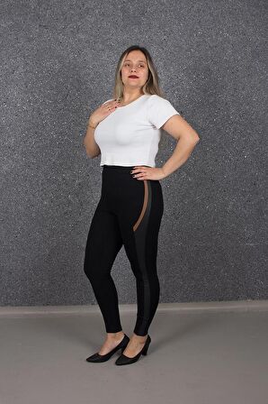 Truva Xxl Büyük Beden Kahverengi Şeritli Toparlayıcı Tayt Siyah Ta2570