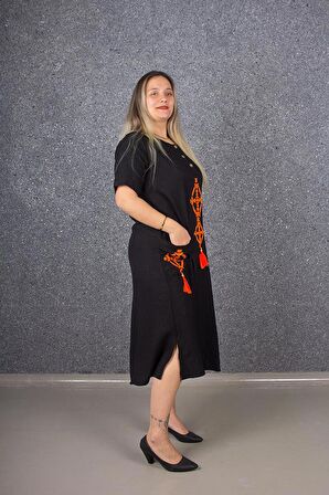 Truva Xxl Büyük Beden Otantik Nakış İşlemeli Keten Elbise Siyah Elb653