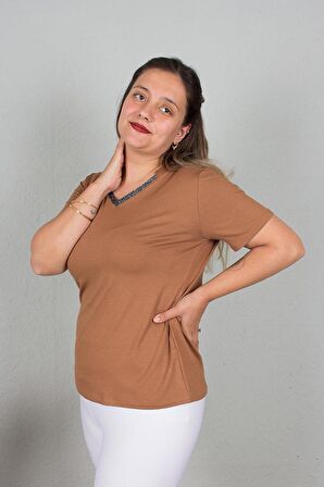 Truva Xxl Büyük Beden Yakası Simli Bady Tİşört Renkli B111