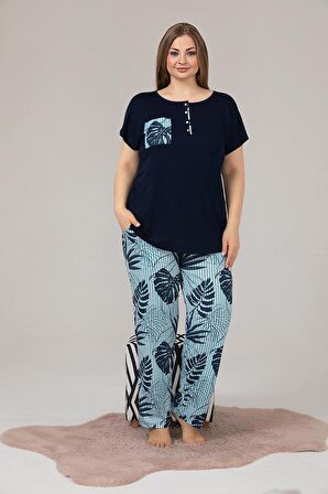 Truva Xxl Büyük Beden Kısa Kol Düğmeli Pijama Takım Desenli P10860