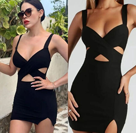 Kalın askılı V yaka gece elbisesi