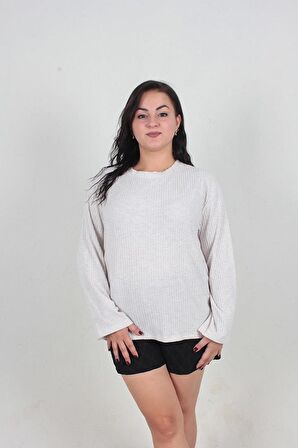 Truva Xxl Büyük Beden  Kaşkorse Uzun Kollu Bluz Krem BZ054
