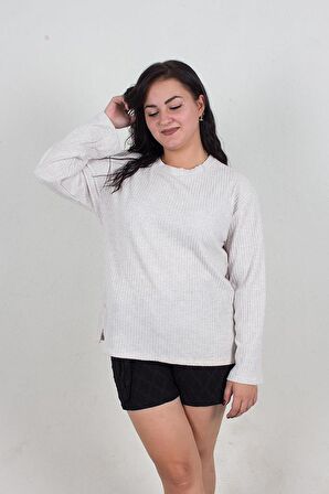Truva Xxl Büyük Beden  Kaşkorse Uzun Kollu Bluz Krem BZ054