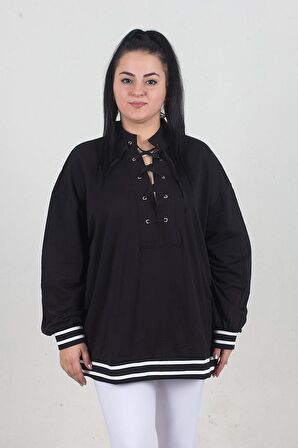 Truva Xxl Büyük Beden Ön Bağcıklı  Şerit Detaylı Sweat Siyah S020