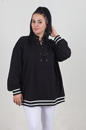 Truva Xxl Büyük Beden Ön Bağcıklı  Şerit Detaylı Sweat Siyah S020