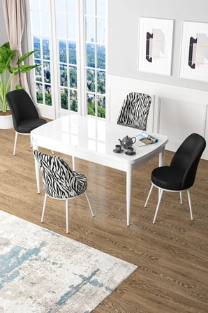 Kor Serisi 70x114 Açılabilir Mutfak Masası Takımı Beyaz Masa 2 Zebra Desen 2 Siyah Sandalye