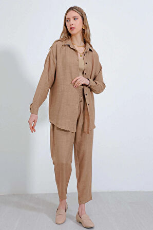 Oversize Rahat Kalıp Keten Alt Üst Takım - Camel