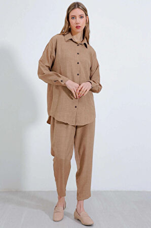 Oversize Rahat Kalıp Keten Alt Üst Takım - Camel