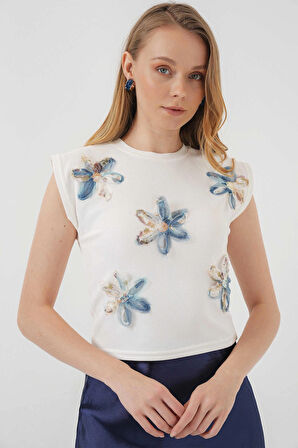 Kısa Kol Desenli Crop Bluz - Beyaz