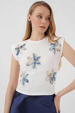 Kısa Kol Desenli Crop Bluz - Beyaz