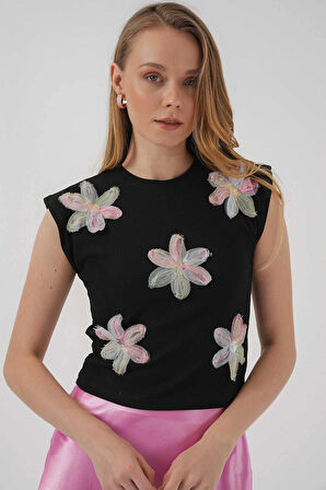 Kısa Kol Desenli Crop Bluz - Siyah