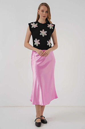 Kısa Kol Desenli Crop Bluz - Siyah